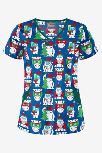 Happy Monsters V-neck Green Trim Blue Christmas Tunic