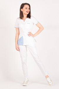 White medical scrub with blue trimming Fiona