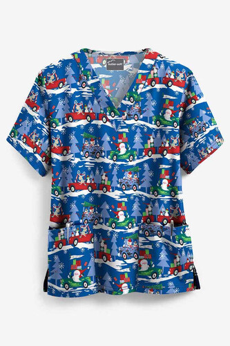 Traveling with Santa Blue Christmas Scrub Top