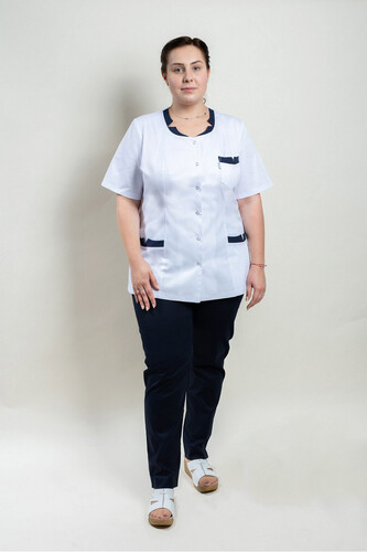 White Medical Top With Navy Trimming